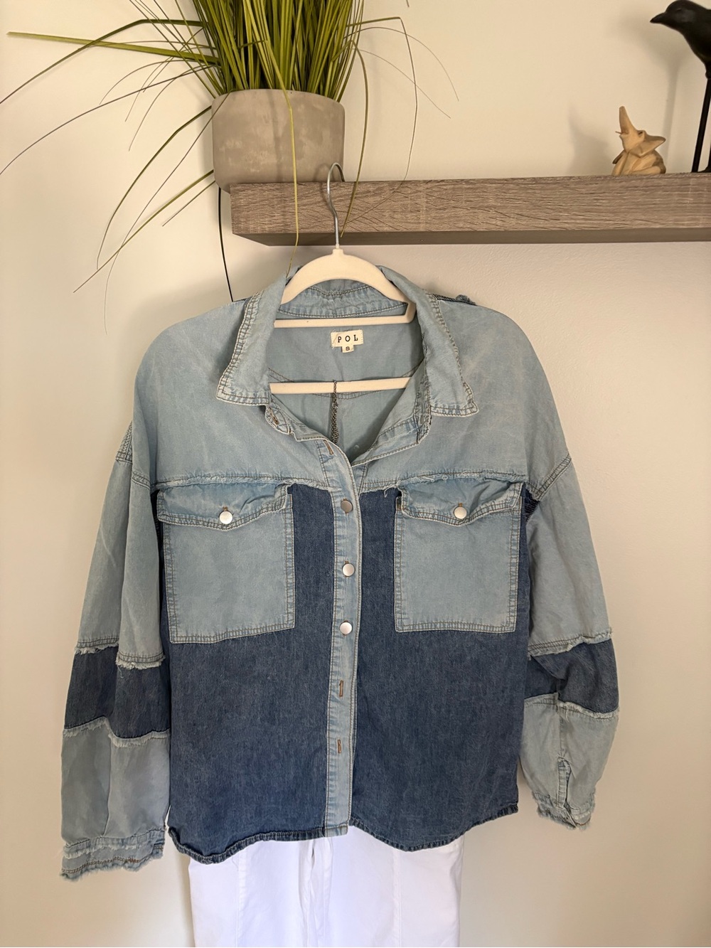 POL Two-Tone Denim Button-Up Jacket - Light & Dark Blue, small